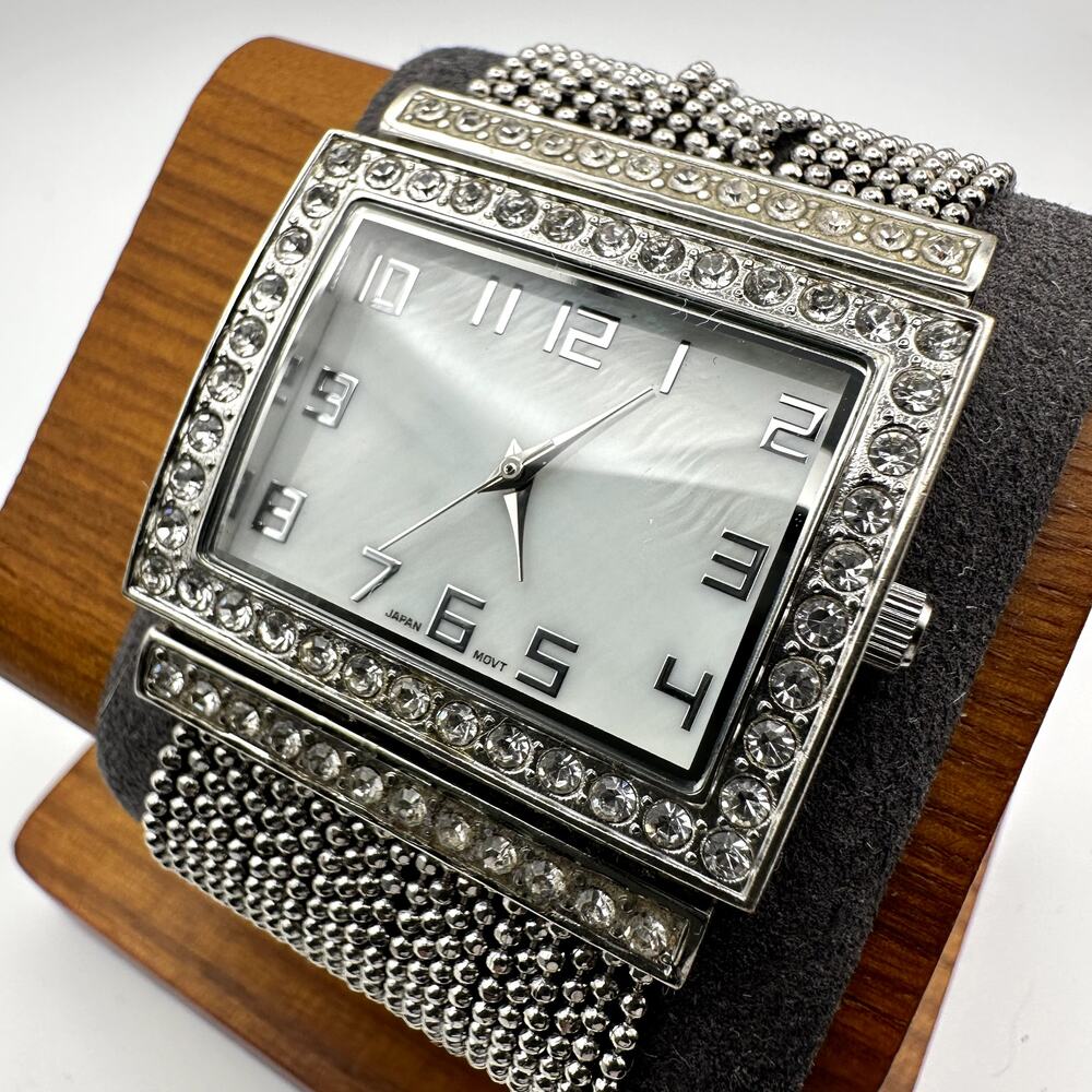 QRTZ Silver-Tone Crystal Rectangular Quartz Bracelet Watch